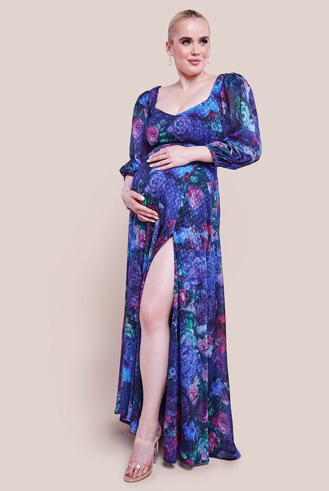 Goddiva Maternity Printed Shirred Back Maxi Dress - Navy