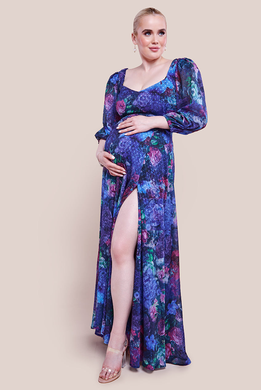 Goddiva Maternity Printed Shirred Back Maxi Dress - Navy