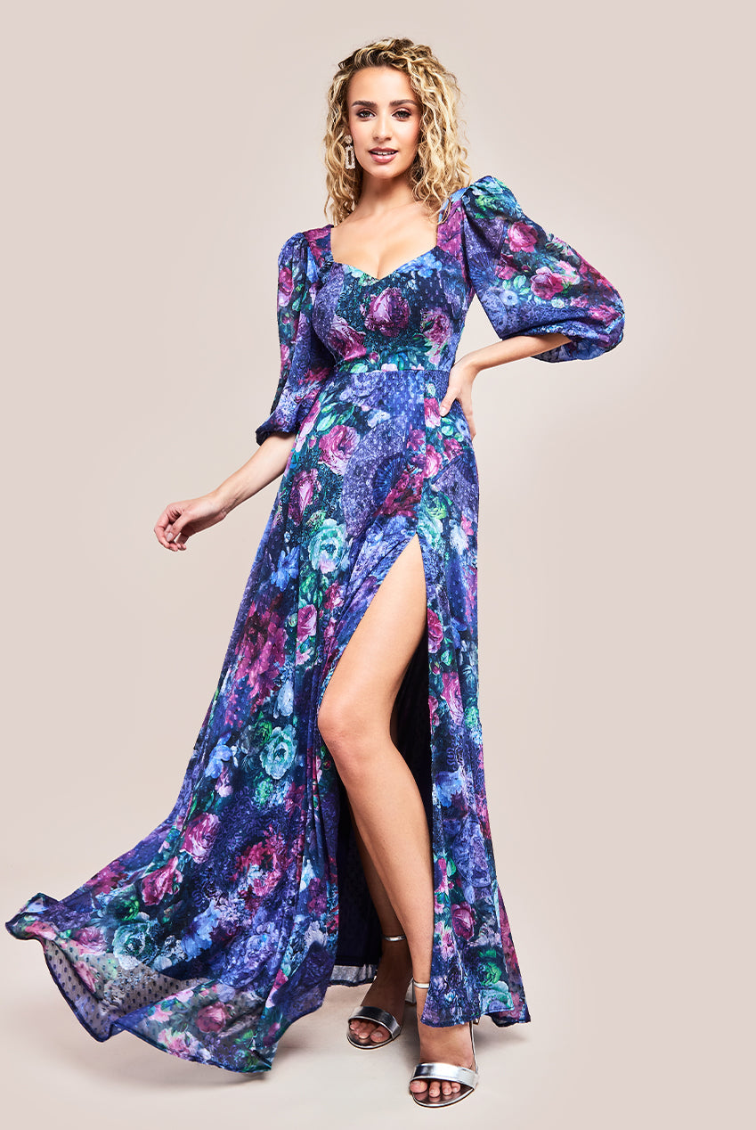 Goddiva Printed Shirred Back Maxi Dress - Navy