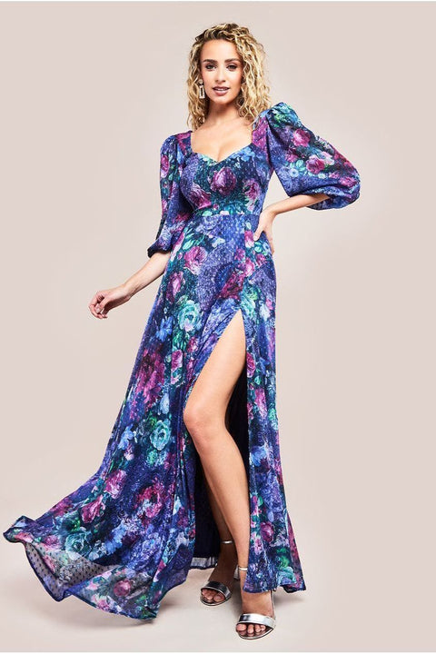 Goddiva Printed Shirred Back Maxi Dress - Navy