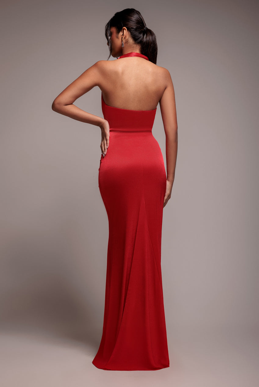Goddiva Open Back Cowl Neck Maxi Dress - Red