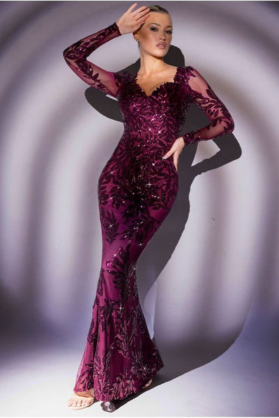 Burgundy - Goddiva Sequin Leaf Long Sleeve Maxi Dress - Burgundy