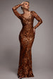 Goddiva Sequin Leaf Long Sleeve Maxi Dress - Bronze