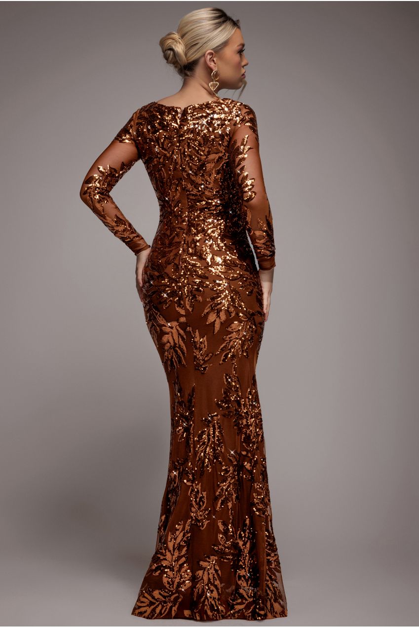 Goddiva Sequin Leaf Long Sleeve Maxi Dress - Bronze