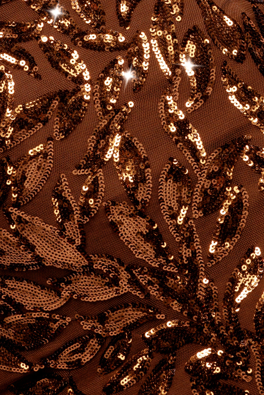 Goddiva Sequin Leaf Long Sleeve Maxi Dress - Bronze