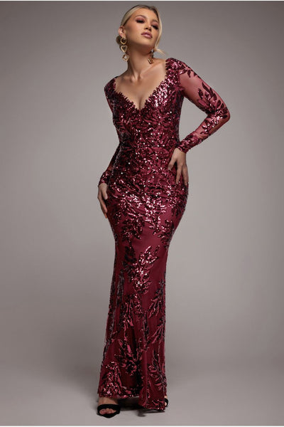BurgundyRed - Goddiva Sequin Leaf Long Sleeve Maxi Dress - Burgundy