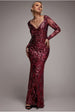 Goddiva Sequin Leaf Long Sleeve Maxi Dress - Burgundy