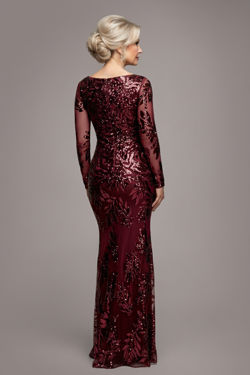 Goddiva Sequin Leaf Long Sleeve Maxi Dress - Burgundy