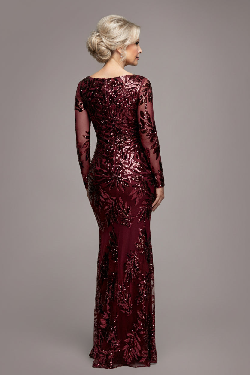 Goddiva Sequin Leaf Long Sleeve Maxi Dress - Burgundy