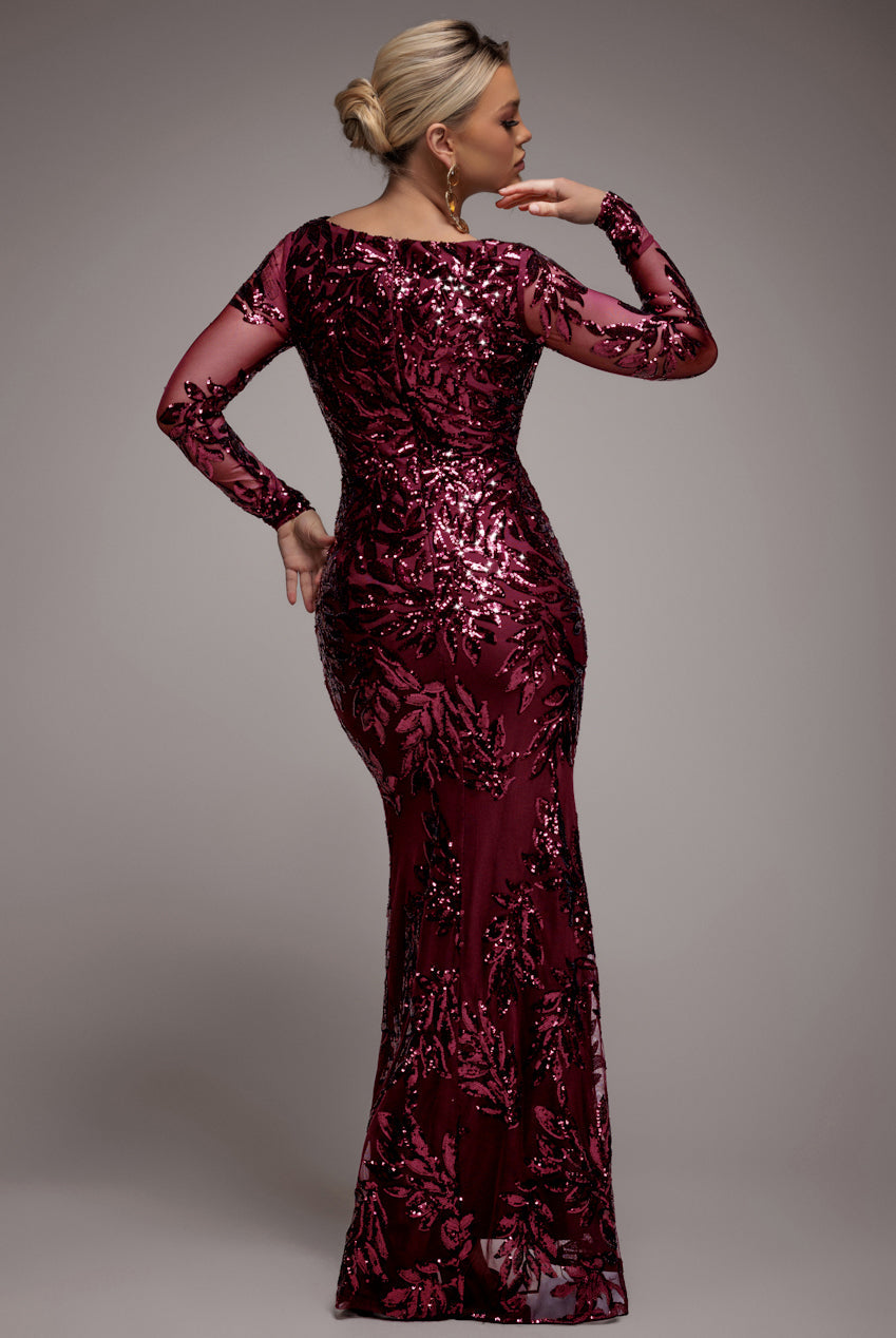 Goddiva Sequin Leaf Long Sleeve Maxi Dress - Burgundy
