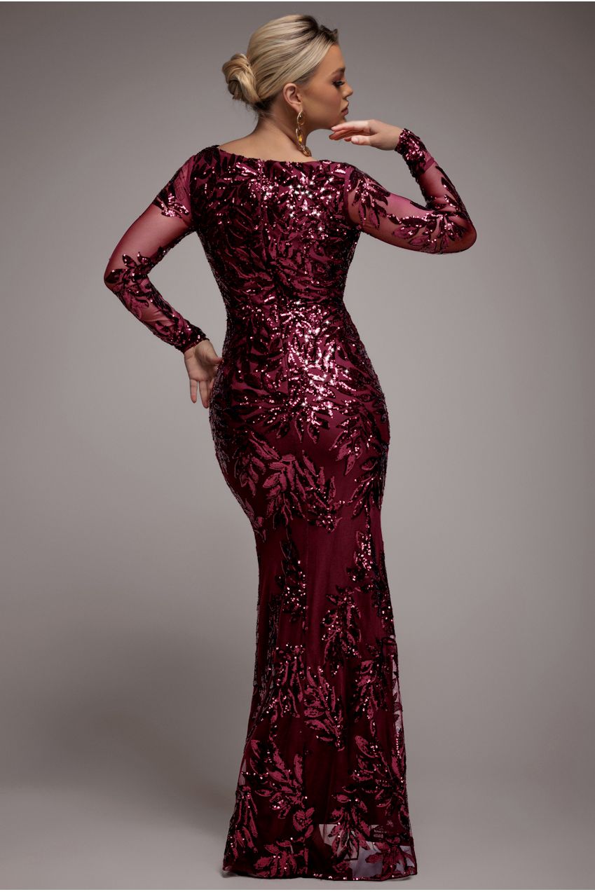 Goddiva Sequin Leaf Long Sleeve Maxi Dress - Burgundy