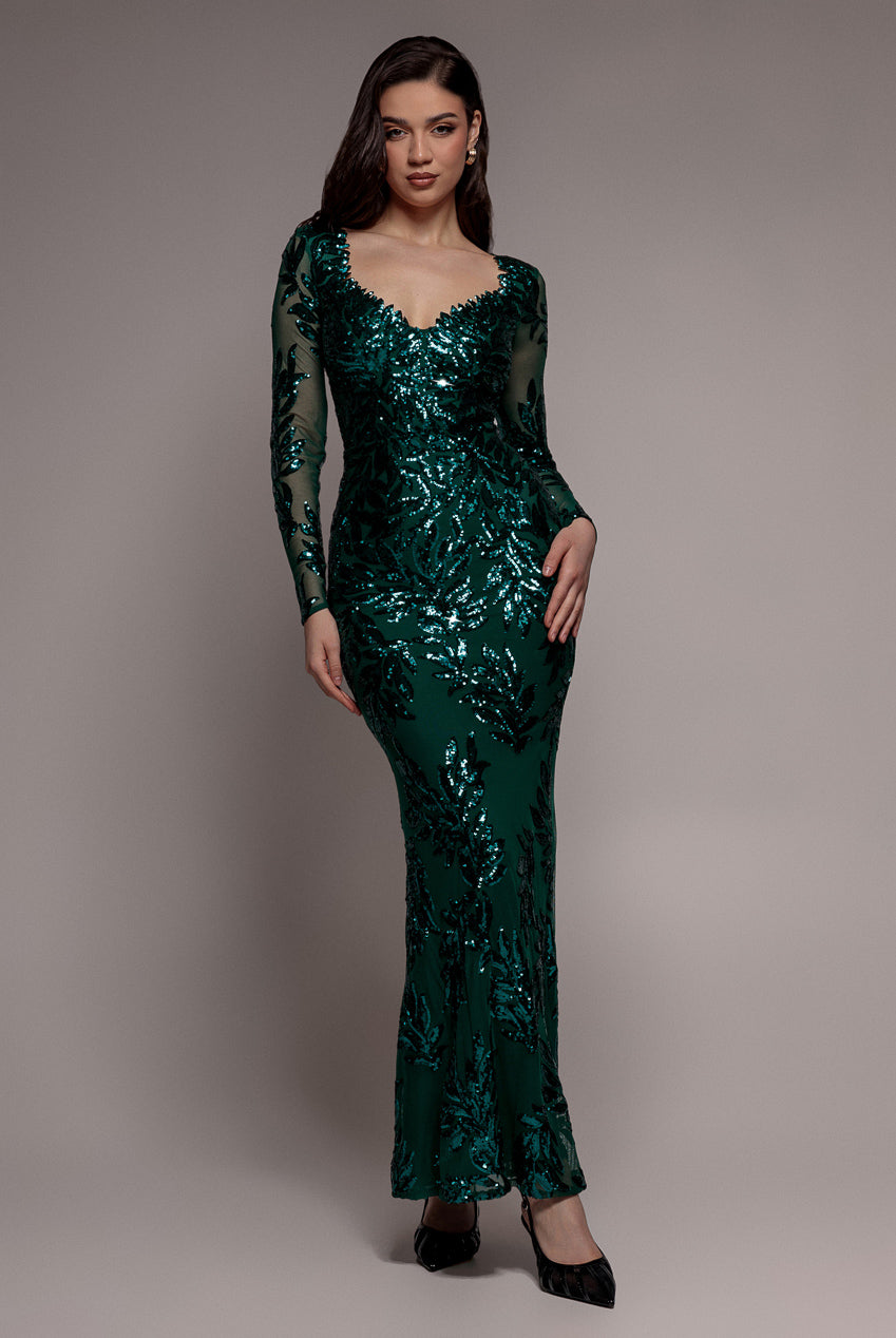 Goddiva Sequin Leaf Long Sleeve Maxi Dress - Emerald Green