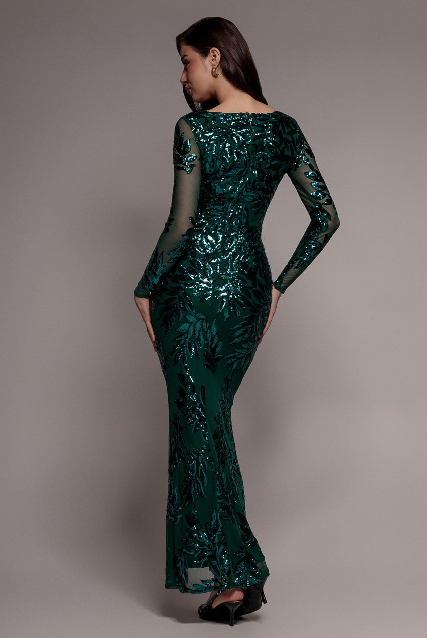 Goddiva Sequin Leaf Long Sleeve Maxi Dress - Emerald Green