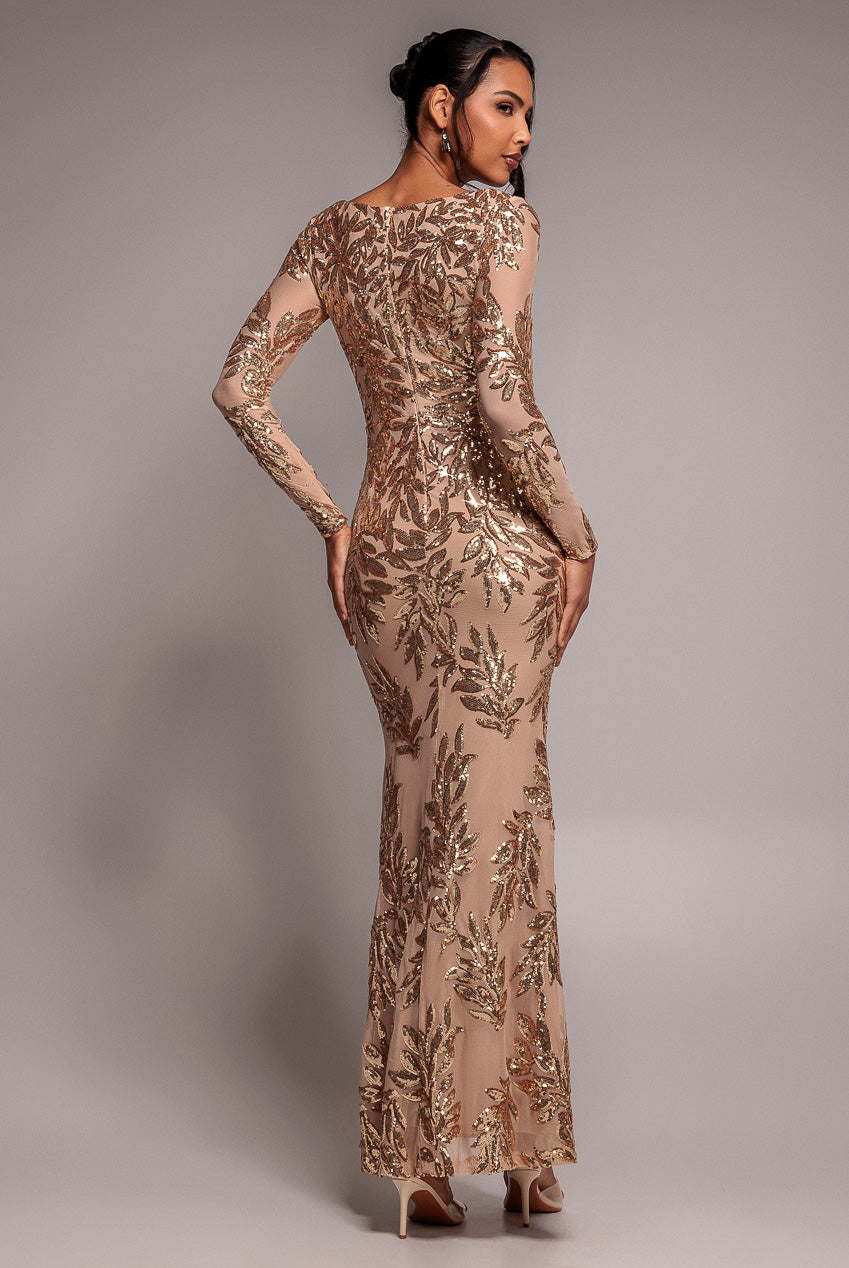 Goddiva Sequin Leaf Long Sleeve Maxi Dress - Gold