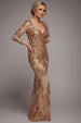 Goddiva Sequin Leaf Long Sleeve Maxi Dress - Gold
