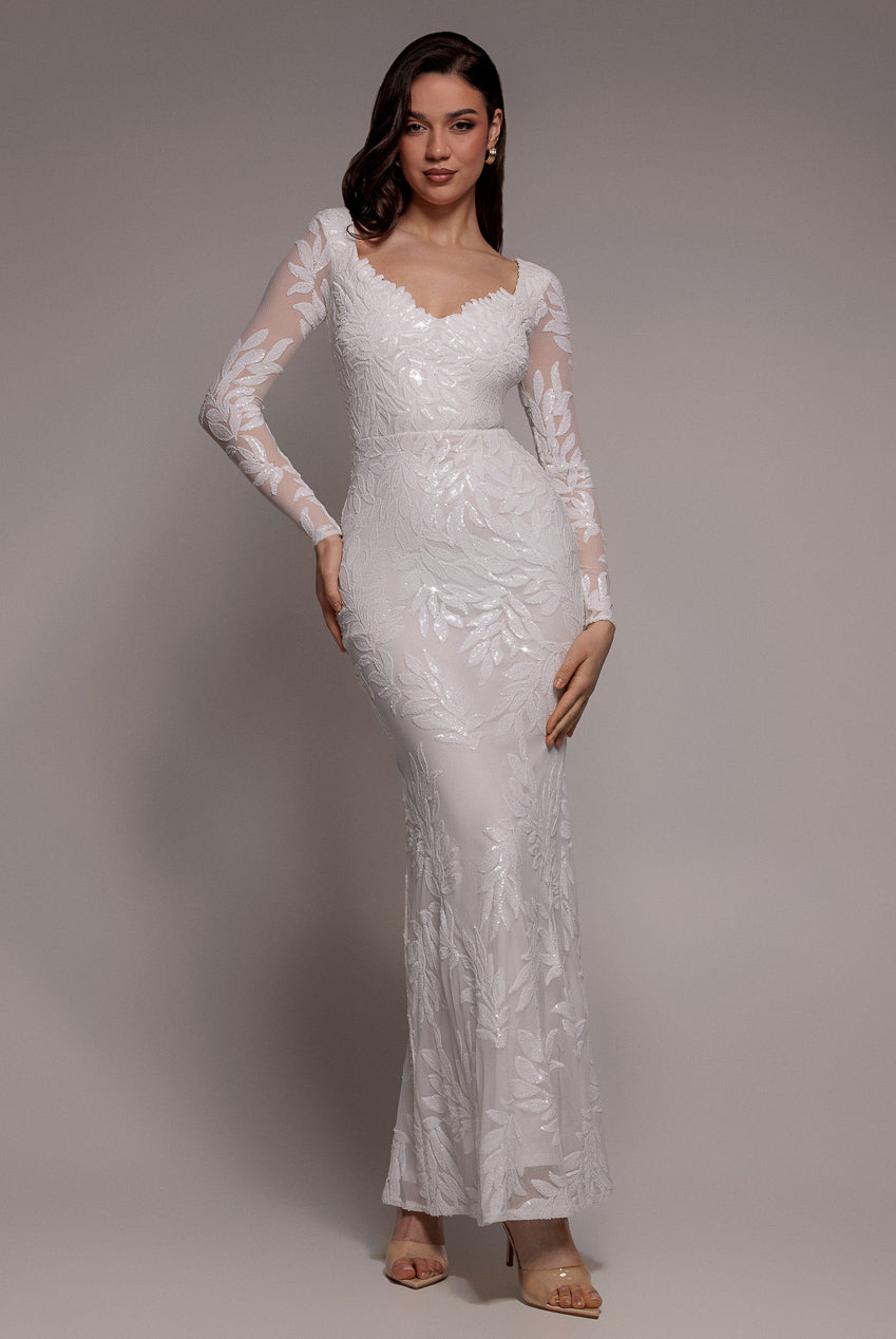 Goddiva Sequin Leaf Long Sleeve Maxi Dress - White