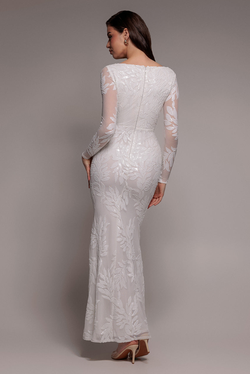 Goddiva Sequin Leaf Long Sleeve Maxi Dress - White