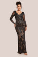 Goddiva Long Sleeve Sequin Leaf Long Sleeve Maxi Dress - Black