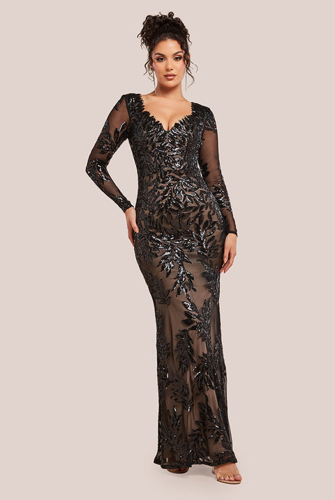 Goddiva Sequin Leaf Long Sleeve Maxi Dress - Black