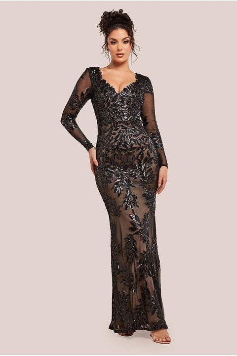 Goddiva Sequin Leaf Long Sleeve Maxi Dress - Black