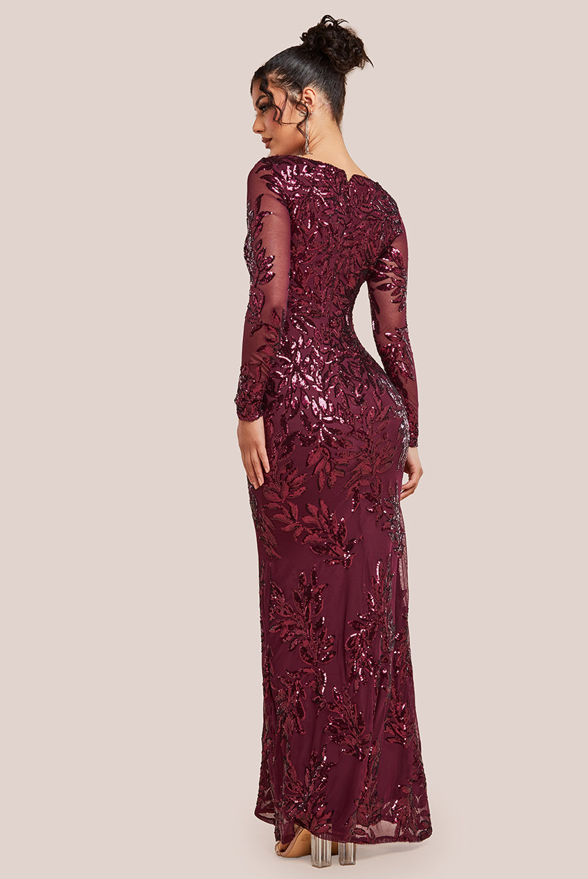 Goddiva Sequin Leaf Long Sleeve Maxi Dress - Burgundy