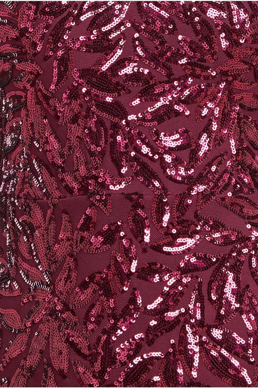 Goddiva Sequin Leaf Long Sleeve Maxi Dress - Burgundy