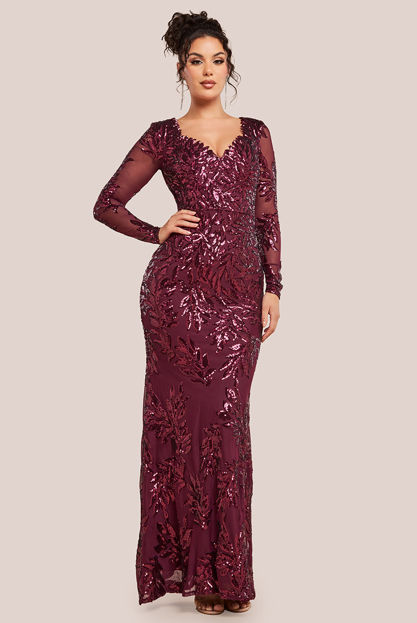 Goddiva Sequin Leaf Long Sleeve Maxi Dress - Burgundy