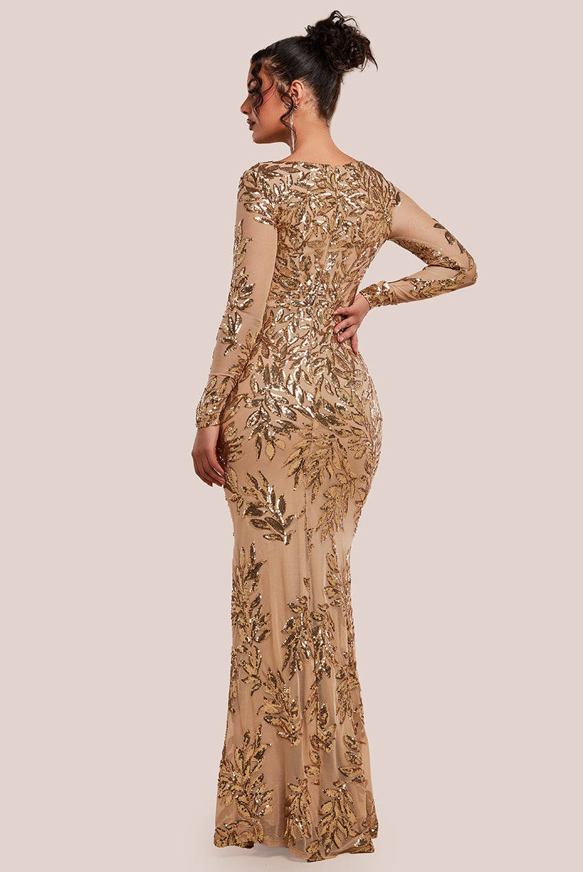 Goddiva Long Sleeve Sequin Leaf Long Sleeve Maxi Dress - Gold