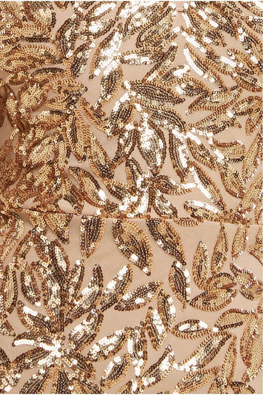 Goddiva Sequin Leaf Long Sleeve Maxi Dress - Gold