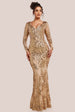 Goddiva Long Sleeve Sequin Leaf Long Sleeve Maxi Dress - Gold