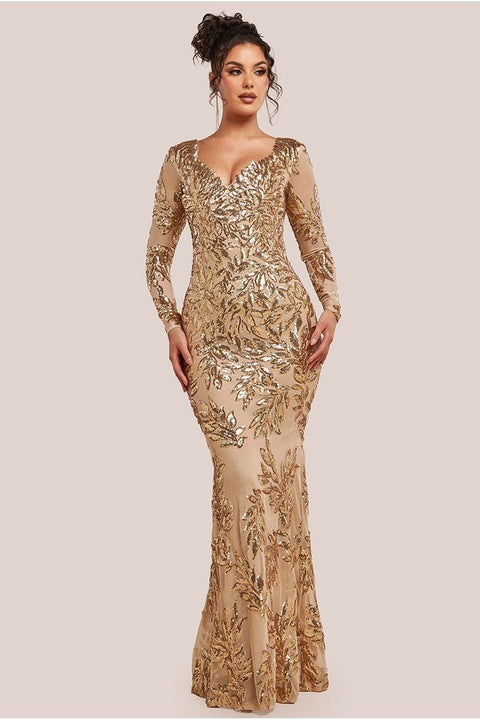Goddiva Sequin Leaf Long Sleeve Maxi Dress - Gold