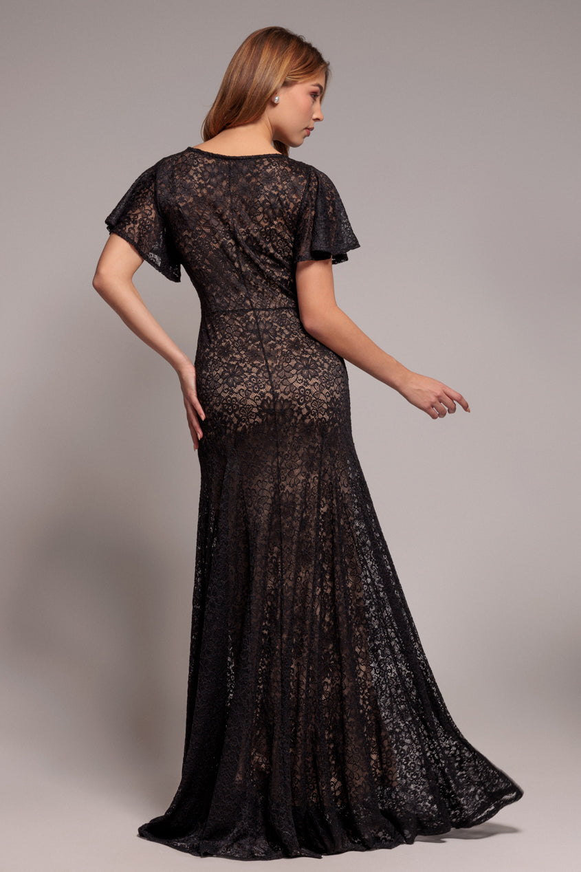 Goddiva Flutter Sleeve Lace A-Line Maxi Dress - Black
