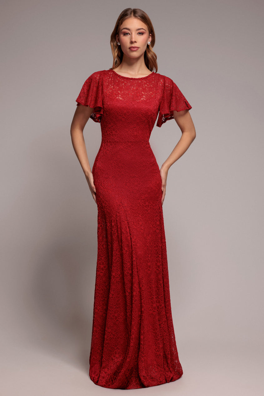 Goddiva Flutter Sleeve Lace A-Line Maxi Dress - Red