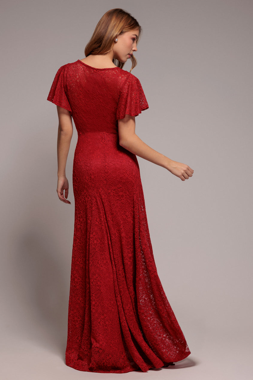 Goddiva Flutter Sleeve Lace A-Line Maxi Dress - Red