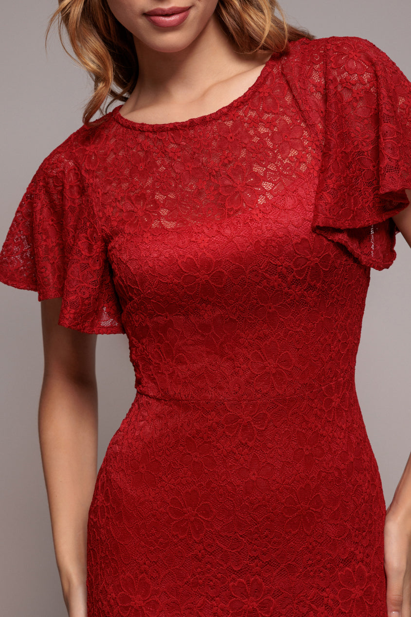 Goddiva Flutter Sleeve Lace A-Line Maxi Dress - Red