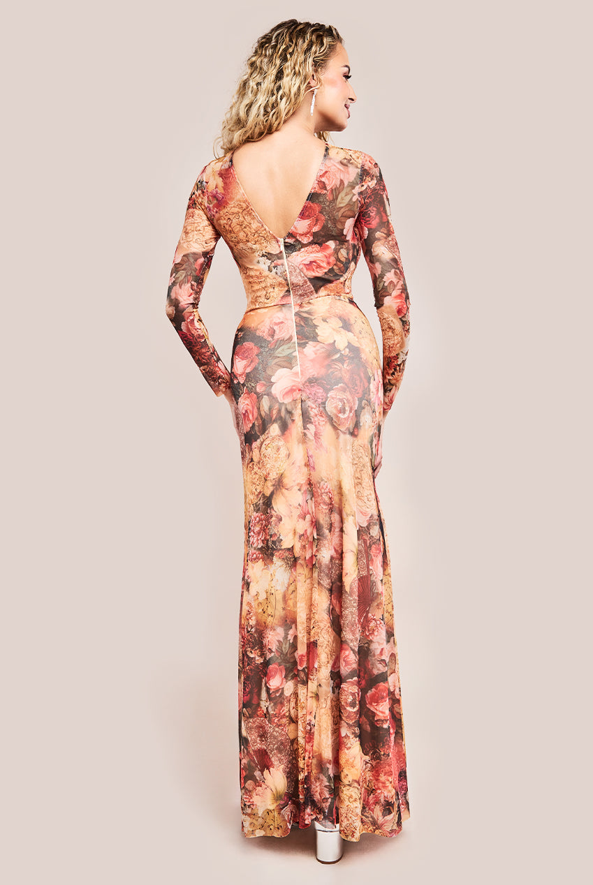 Goddiva Printed Soft Mesh A-Line Maxi Dress - Orange