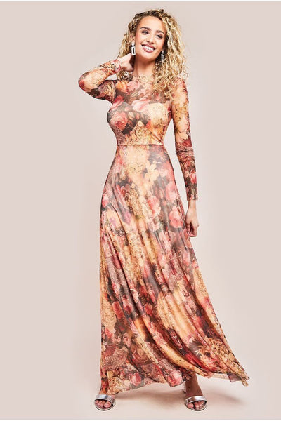 Orange - Goddiva Printed Soft Mesh A-Line Maxi Dress - Orange