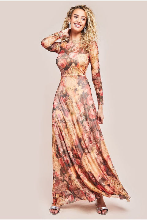 Goddiva Printed Soft Mesh A-Line Maxi Dress - Orange