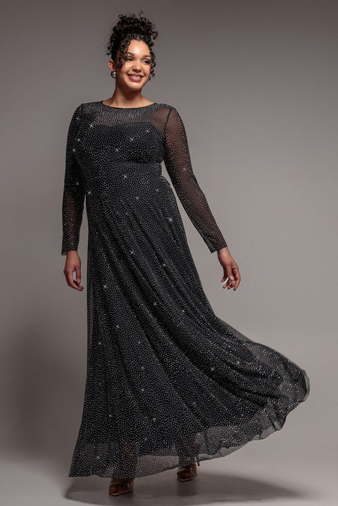 Goddiva Plus Hotfix Diamante Mesh A-Line Long Sleeve Maxi Dress - Black