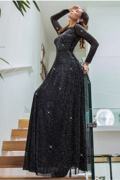 Goddiva Hotfix Diamante Mesh A-Line Long Sleeve Maxi Dress