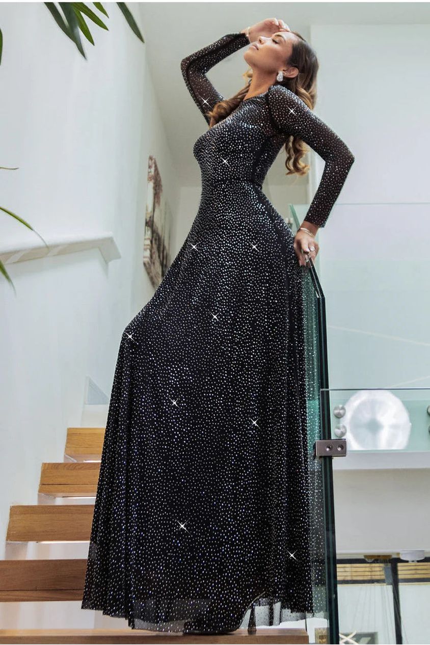 Goddiva Hotfix Diamante Mesh A-Line Long Sleeve Maxi Dress