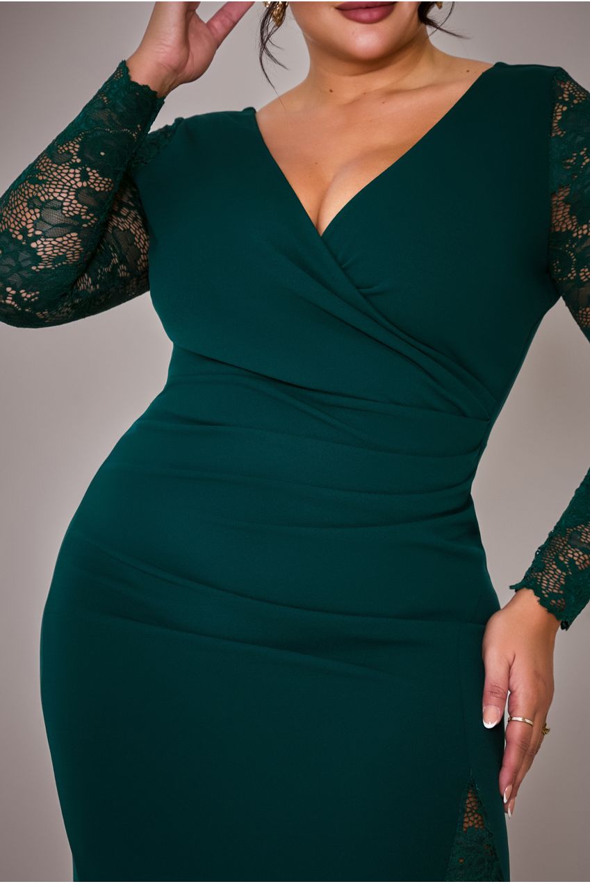 Goddiva Plus Scuba & Lace Wrap Maxi Dress - Emerald