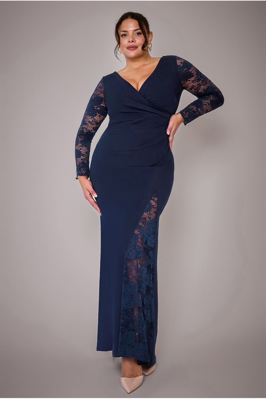 Goddiva Plus Scuba & Lace Wrap Maxi Dress - Navy Blue