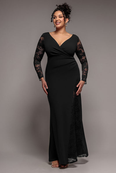 Black - Goddiva Plus Scuba & Lace Wrap Maxi Dress - Black