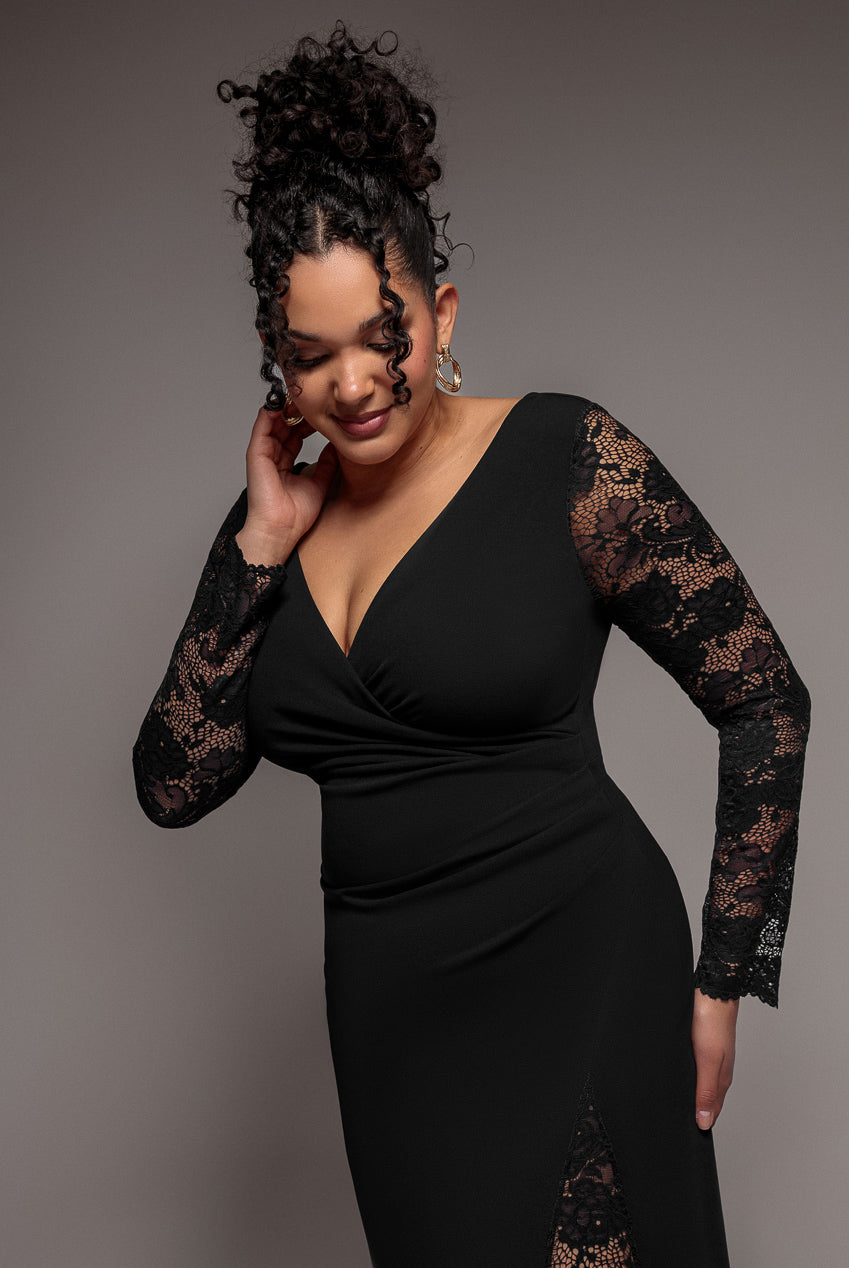 Goddiva Plus Scuba & Lace Wrap Maxi Dress - Black
