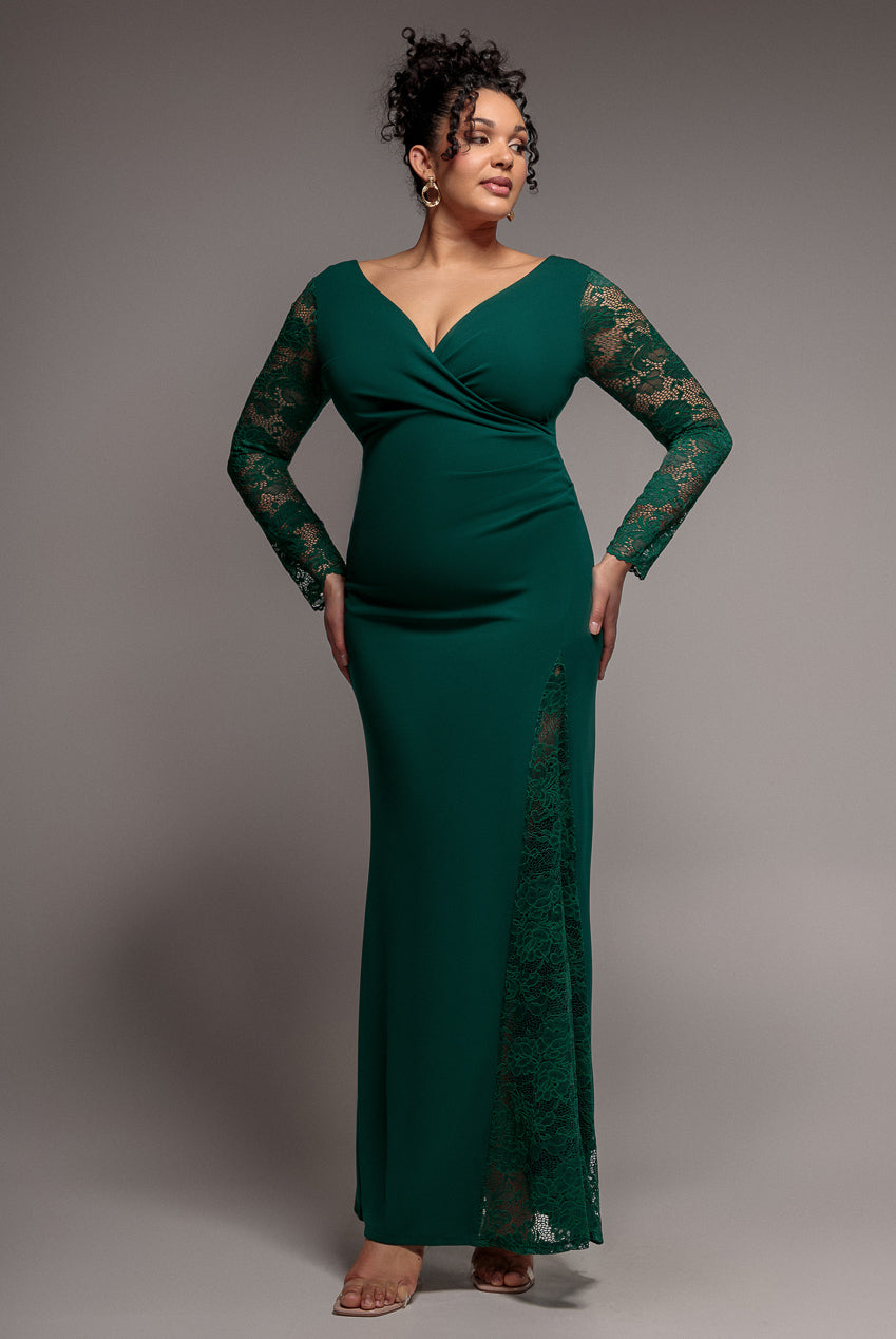 Goddiva Plus Scuba & Lace Wrap Maxi Dress - Emerald