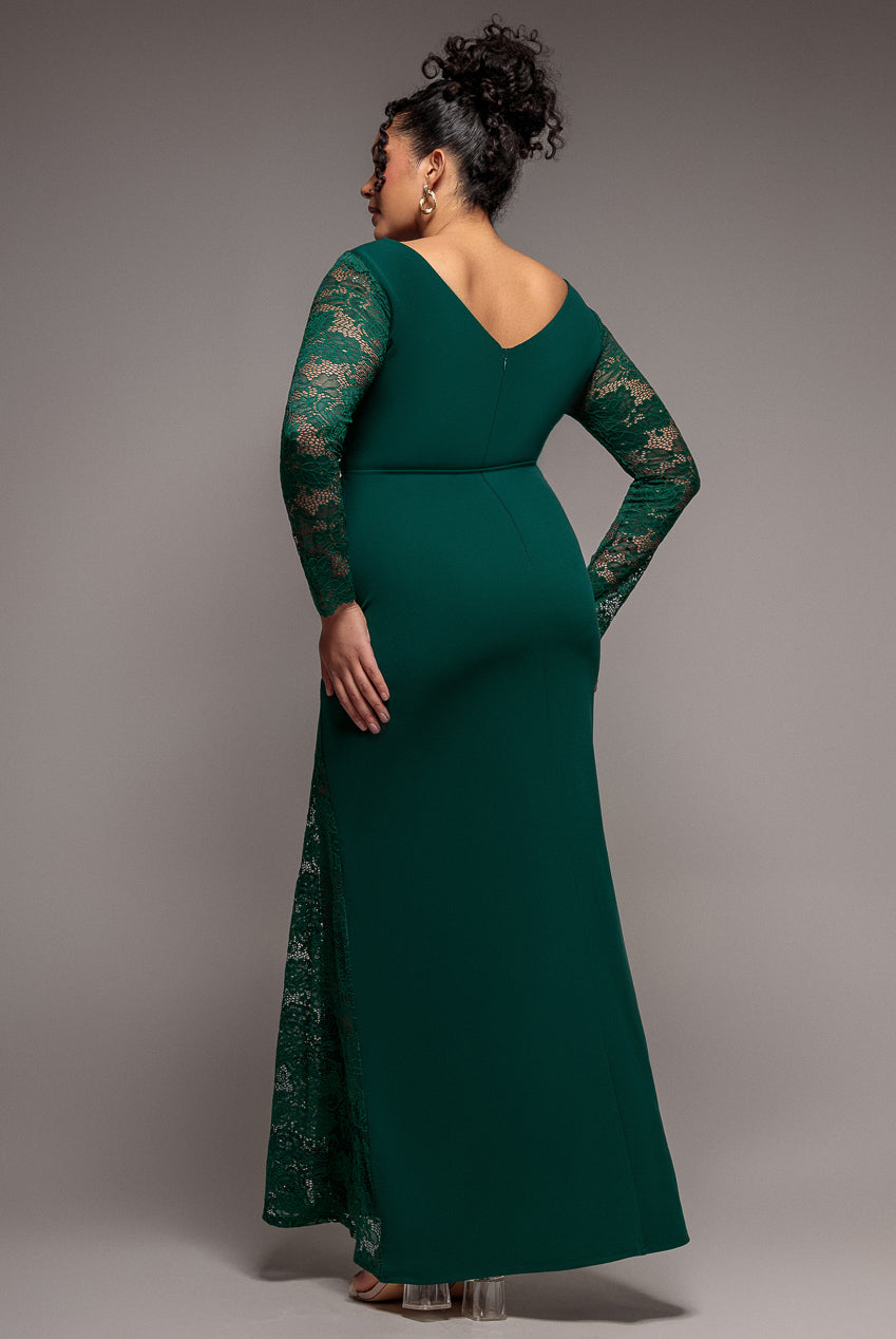 Goddiva Plus Scuba & Lace Wrap Maxi Dress - Emerald
