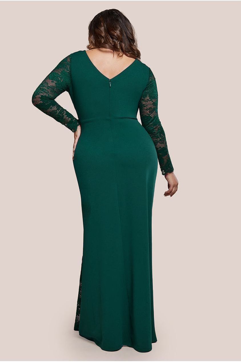 Goddiva Plus Scuba & Lace Wrap Maxi Dress - Emerald