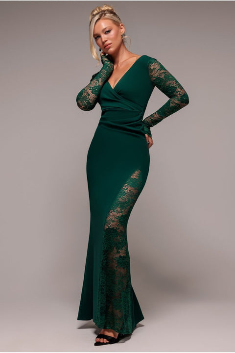 Goddiva Scuba & Lace Wrap Maxi Dress - Emerald