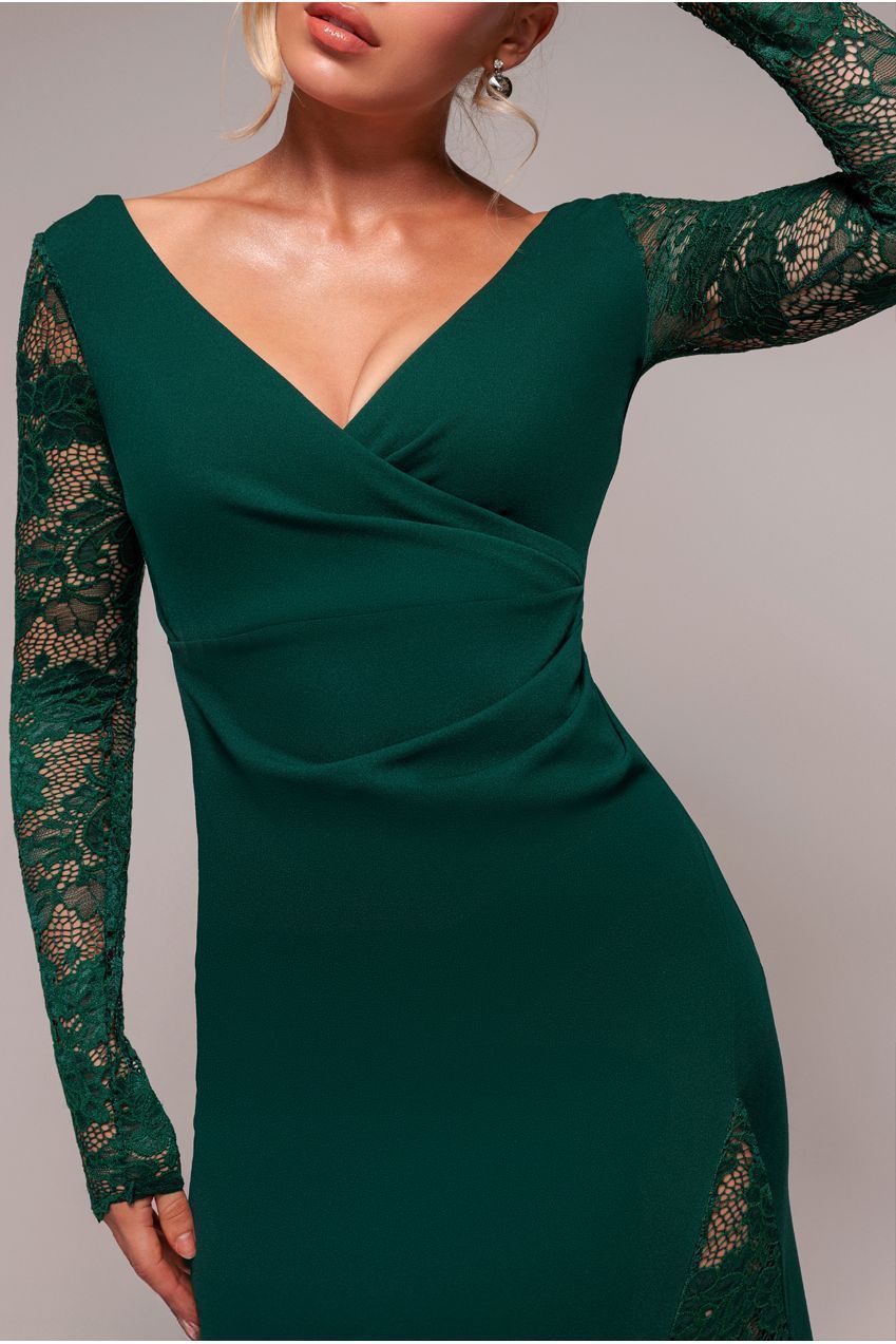 Goddiva Scuba & Lace Wrap Maxi Dress - Emerald